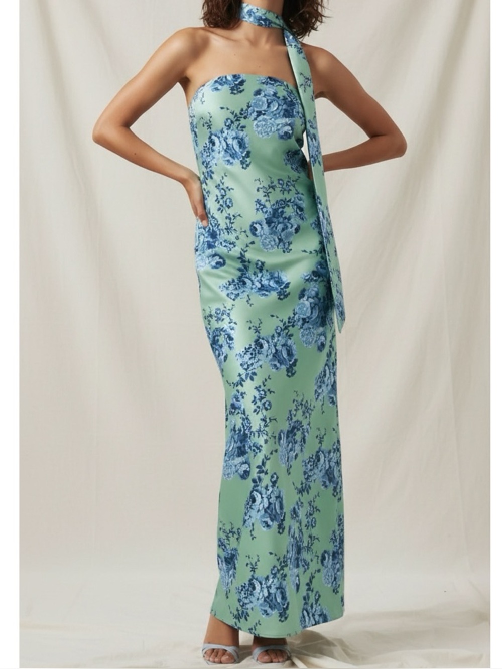 BHLDN  Molly Scarf-Neck Strapless Column Maxi Dress, Mint Cabbage Roses, Large
